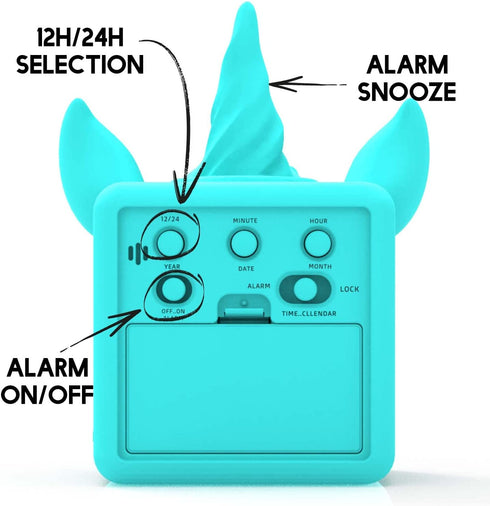 Something Unicorn - Unicorn Digital Alarm Clock with Snooze Button and Blue LCD Back-Lighting. Easy to Set Battery Powered Digital Clock in Silicone Sleeve with Time, Date and Alarm Display. (Blue)
