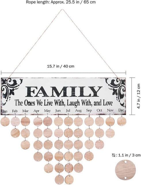 VORCOOL Family Birthday Hanging Plaque Board DIY Wooden Calendar Birthday Reminder Home Decor (1 Plaque/ 1 Rope/ 50 Round Discs)