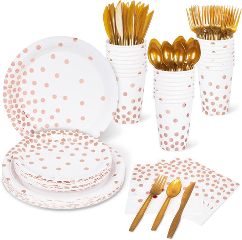 DECORLIFE Rose Gold Plates and Napkins Party Supplies Serves 24, Rose Gold Paper Plates, 12oz Cups Included, Complete Pack for Baby Shower, Graduation, Retirement, Birthday and Wedding, Total 192 PCS
