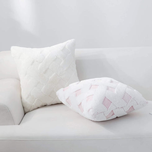 Cozy Bliss Set of 2 Faux Fur Pillow Covers Luxury Super Soft Plush Fleece Throw Pillowcase, Textured Knitted Cushion Cover Decorative Pillowcases for Sofa Couch Bed Chair Car (Cream, 18"x18")
