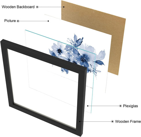 ArtbyHannah 10x10 Framed Blue Floral Wall Art Set of 4 with Black Frames and Flower Print for Gallery Walls or Bathroom Bedroom Decoration