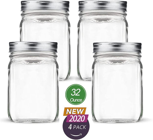 32 oz Mason Jars Wide Mouth with Airtight Lids, Pickling Mason Jars Glass for Food Storage, Canning, Fermenting Fruits and Vegetables (4 Pack)