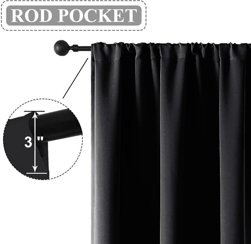 Rutterllow Blackout Curtains for Bedroom, Thermal Insulated Room Darkening Rod Pocket Curtains for Living Room,2 Panels (42x45 Inch, Black)