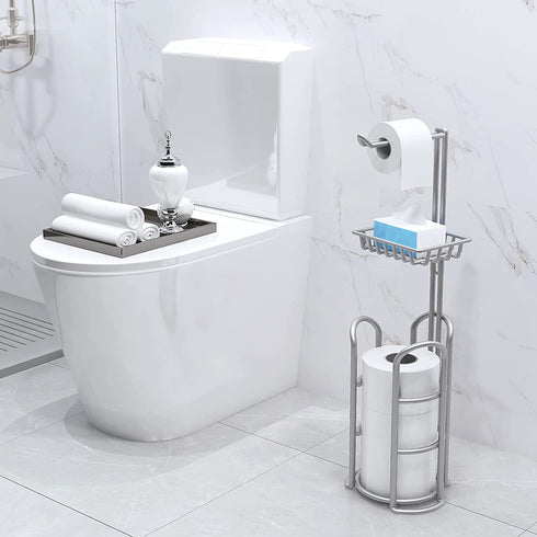 Upgrade Toilet Paper Holder Stand, Silver Gray Freestanding Toilet Paper Roll Holders with Shelf, Bathroom Tissue Storage Rack