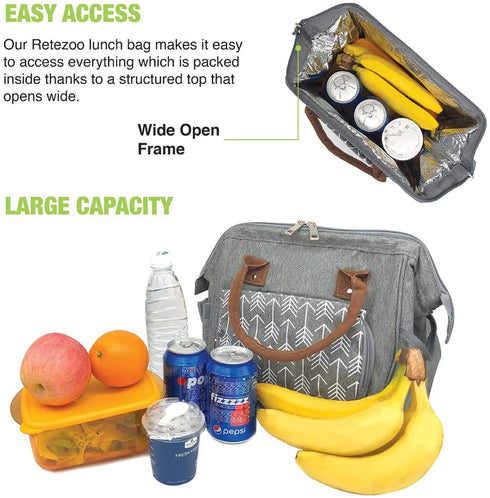 Insulated Lunch Bag for Women/Men, Large Lightweight Tote in Water-Resist Fabric , Big Side Snack Organizer, for Work & Outdoor Picnic, Easy to Clean(Grey)
