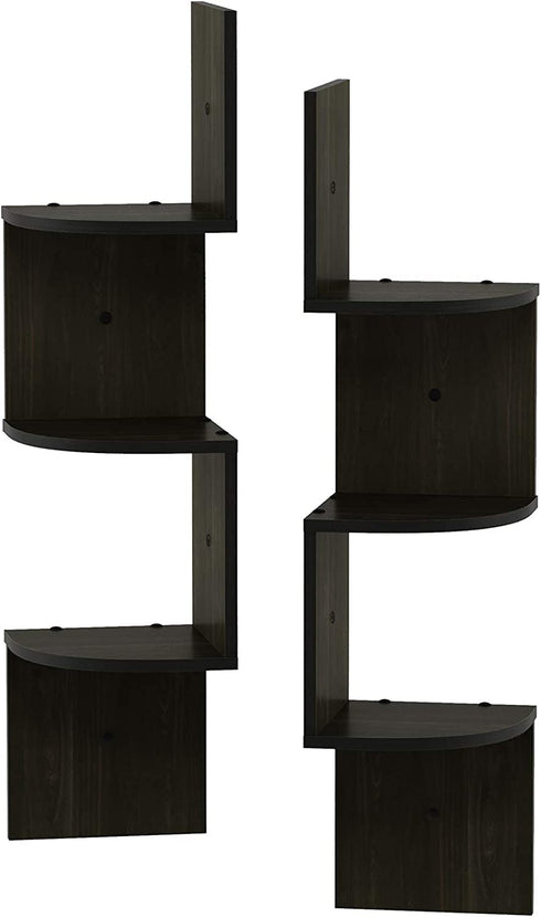 Furinno Rossi Wall Mount Floating Corner Shelf, 3-Tier Radial Set of 2, Espresso