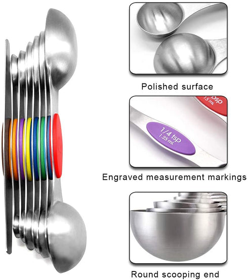 Sunnyac Measuring Spoons with Strong Magnets, Set of 8 Stainless Steel Measuring Spoons with Leveler, Double-Ended Metal Teaspoon and Tablespoon for Dry and Liquid Ingredients (Multi-colored)