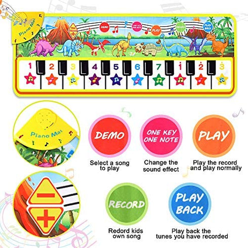 M SANMERSEN Piano Mat for Kids, 43” x 14” Dinosaur Floor Keyboard Music Dance Play Mat with 10 Demo Songs/ 8 Dinosaur Sounds/ Adjustable Volume/ Record/ Playback Musical Mat Toys Gift for Boys Girls