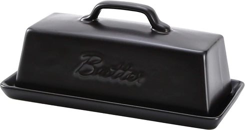 Ceramic Butter Dish with Lid, Covered Butter Keeper - Handle Design - Dishwasher Safe, 7.5 Inch Wide, Black