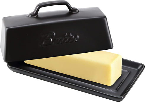 Ceramic Butter Dish with Lid, Covered Butter Keeper - Handle Design - Dishwasher Safe, 7.5 Inch Wide, Black