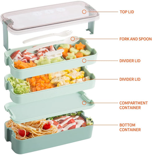 Bento Box Japanese Lunch Box Kit, 3-In-1 Compartment Stackable Bento Lunch Box for Kids and Adults, 17PCS 1100 ml Leakproof 3 Layer Meal Prep Eco-Friendly Lunch Container with Utensils (Green)