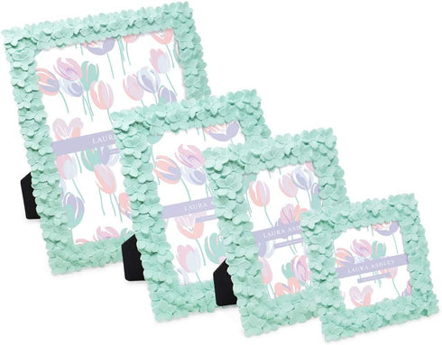 Laura Ashley 4x6 Mint Green Flower Textured Hand-Crafted Resin Picture Frame w/ Easel & Hook for Tabletop & Wall Display, Decorative Floral Design Home D©cor, Photo Gallery, Art (4x6, Mint Green)