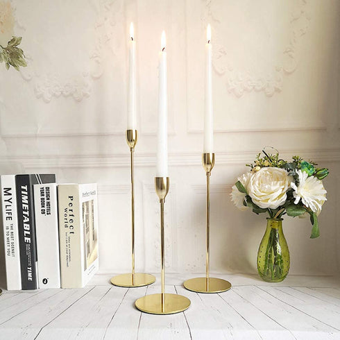 Suwimut Set of 3 Gold Candle Holders for Tapered Candles, Table Decorative Candlestick Holders Metal Candle Stand Fits 3/4 Inch Slim Candles and Led for Dining Party Wedding