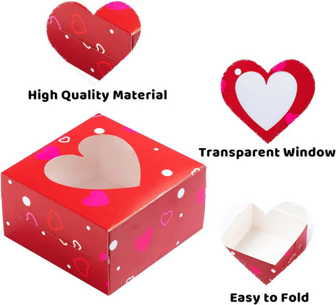 Valentines Day Bakery Treat Boxes Valentines Cupcake Boxes Cookie Boxes with Window for Holiday Pastries, Doughnut, Cookie, Cupcakes, Brownies, Truffles Gift Giving (4.5"x4.5"x2.5")