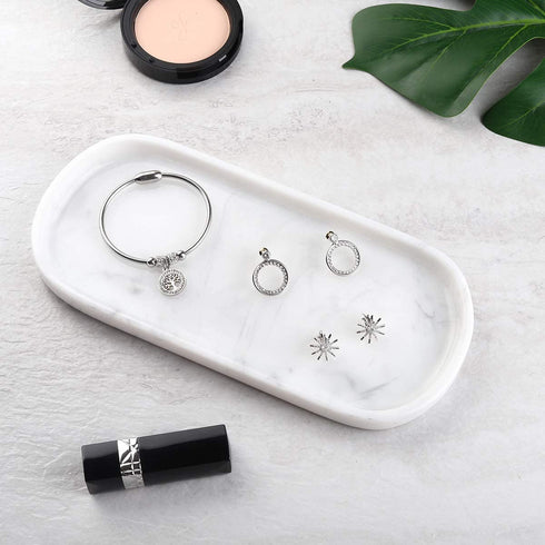 Luxspire Bathroom Vanity Tray, Toilet Tank Oval Storage Tray, Resin Handmade Bathroom Bathtub Kitchen Dresser Countertop Organizer for Soap Shampoo Candles Towel Plant Jewelry Ring Dish - White Marble