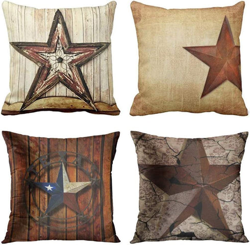 Emvency Set of 4 Throw Pillow Covers Rustic Country Western Star Barn Wooden Cabin West Primitive Decorative Pillow Cases Home Decor Square 18x18 Inches Pillowcases