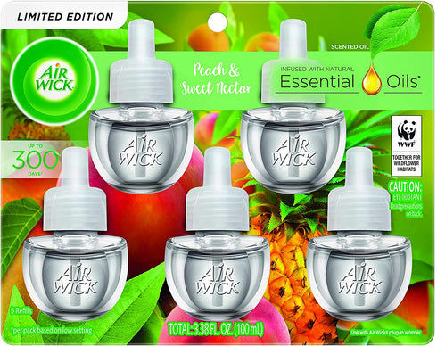 Air Wick Plug in Scented Oil Refill Freshener Essential Oils, Fresh Peach and Sweet Nectar, 5 Count