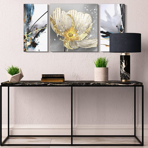 Modern Abstract Canvas Wall Art for Home Office Living Room Decoration Gold Floral Painting Artwork Lotus Flower Picture Giclee Print on Linen Canvas Blue Grey Artistic Ready to Hang 3 Pieces Per Set