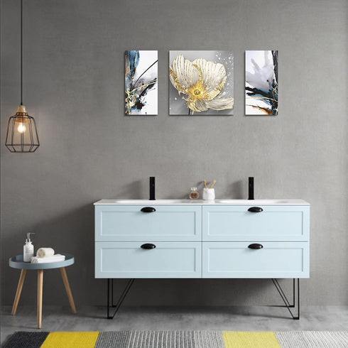 Modern Abstract Canvas Wall Art for Home Office Living Room Decoration Gold Floral Painting Artwork Lotus Flower Picture Giclee Print on Linen Canvas Blue Grey Artistic Ready to Hang 3 Pieces Per Set