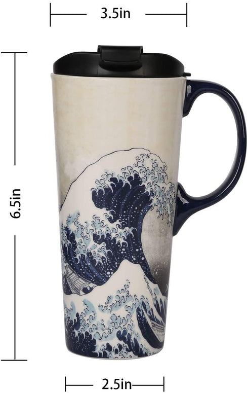 Ceramic Travel Mug Porcelain Coffee Cup with Spill-proof Lid and Box, 17 Oz.