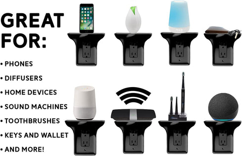 Official Power Perch Single Wall Outlet Shelf. Home Wall Shelf Organizer for Outlets. Perfect for Bathroom, Kitchen, Bedrooms with Cord Management and Easy Installation. Black 2-Pack