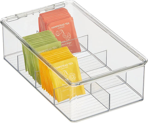 mDesign Plastic Stackable Tea Bag Organizer Storage Bin with Lid for Kitchen Cabinets, Countertops, Pantry - Container Holds Beverage Bags, Cups, Pods, Packets, Condiment Accessories - Clear