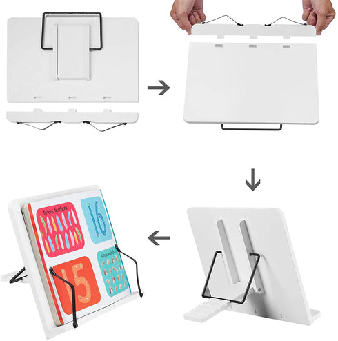 Book Stand Holder for Reading Hands Free Textbook Paper Stand Holders 13.2inch Medium 6 Angle Adjustable Lightweight Portable Foldable Sturdy White Desk Stand for Tablets Surface iPad and More