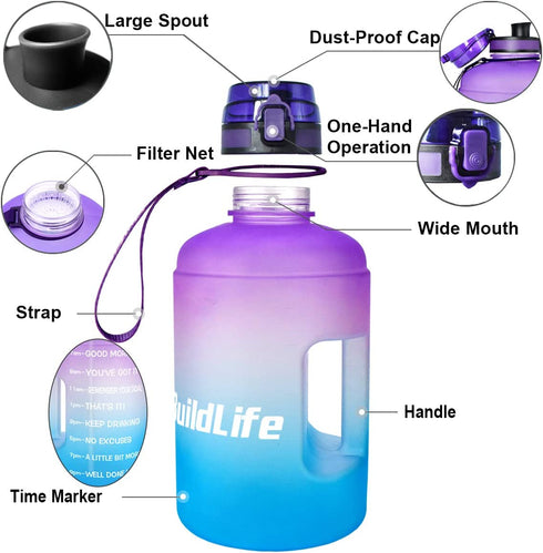 QuiFit Motivational Gallon Water Bottle - with Time Marker & Infuser & Flip Top Leak-Proof Reusable Water Jug for Fitness Outdoor Sports Enthusiasts BPA Free