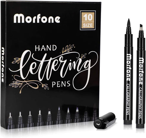 Morfone 10 Size Hand Lettering Pens Calligraphy Brush Pens Black Ink Markers Set Art Kit for Beginners, Hand Writing, Drawing, Sketching, Journaling, Illustrations