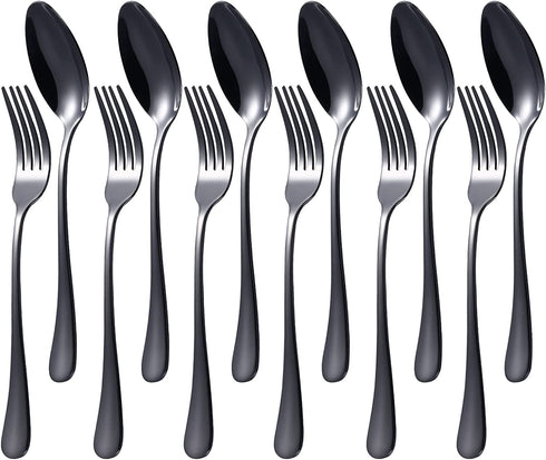 12-Pieces Polished Black Silverware Set, Flatware Set for 6, Stainless Steel Tableware Cutlery Set with Dinner Spoons Forks, Utensil Sets for Home Kitchen Restaurant Hotel, Dishwasher Safe