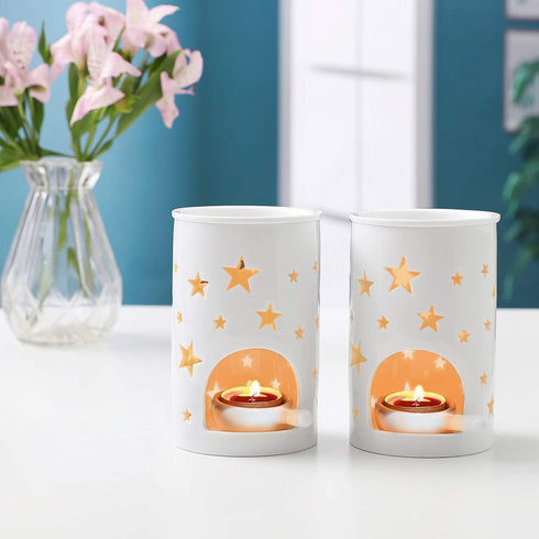 T4U Ceramic Tealight Candle Holder Oil Burner, Essential Oil Incense Aroma Diffuser Furnace Home Decoration Romantic White Set of 2, Star Pattern