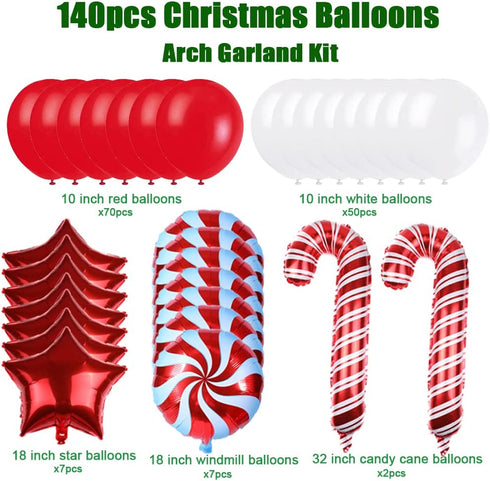 140 Pieces Christmas Balloon Garland Arch Kit - Christmas Candy Cane Windmill Foil Balloons Star Balloons for Xmas Christmas New Year Party Decoration Supplies