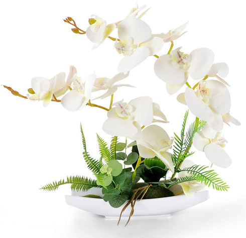 YOBANSA Orchid Bonsai Artificial Flowers with Imitation Porcelain Flower Pots Phalaenopsis Fake Flowers Arrangements for Home Decoration (White 1)