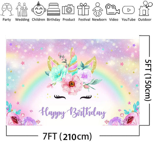 Avezano Unicorn Birthday Backdrop Gold Glitter Rainbow Unicorn Birthday Photo Background Girls Birthday Bokeh Floral Party Decorations Kids Photo Booth Gifts (7x5ft)
