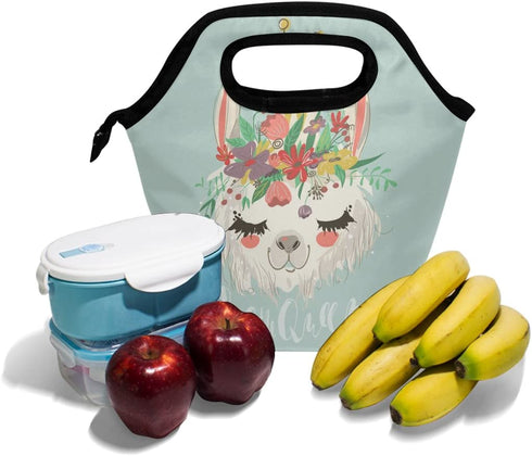 Lunch Bag Cute Llama Flower Printed Neoprene Tote Reusable Insulated Waterproof School Picnic Carrying Gourmet Lunchbox Container Organizer For Men, Women, Adults, Kids, Girls, Boys