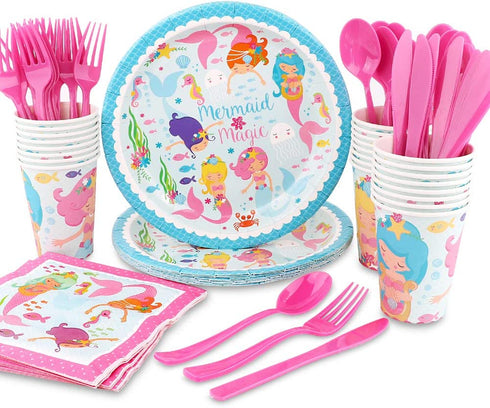 HAPYCITY 144 Pieces Mermaid Party Supplies Set Serves 24 Perfect Mermaid Birthday Packs Including Plates Napkins Cups Forks Spoons Knives