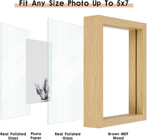 MUYE 5x7 Floating Frame Set of 2,Double Glass Rustic Photo Frame for Wall Hanging or Tabletop Standing,Also Display 4x6 or 3x5 Photo for Floating Effect,Natural Wood