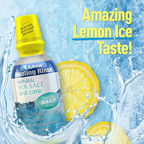 H2Ocean Healing Rinse Mouthwash- Great Tasting Sea Salt & Xylitol Mouth Wash for Fresh Breath & Dry Mouth - Alcohol & Fluoride Free - Lemon Ice 8oz