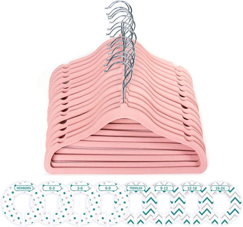 Lemonfilter 20 Pack Kids Velvet Hangers, Non-Slip Baby Clothes Hangers Space Saving Ultra Thin Toddler Children Hangers + 8 Pcs Baby Clothing Dividers + 10 Finger Clips (Pink)
