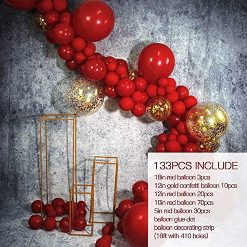 Macaron Red Balloon Arch Garland Kit-Red Balloon Gold Sequin Balloon 133Pcs for Birthday,Gender Reveal,Baby Shower,Wedding,Graduation,Christmas and Holiday Party Decoration.