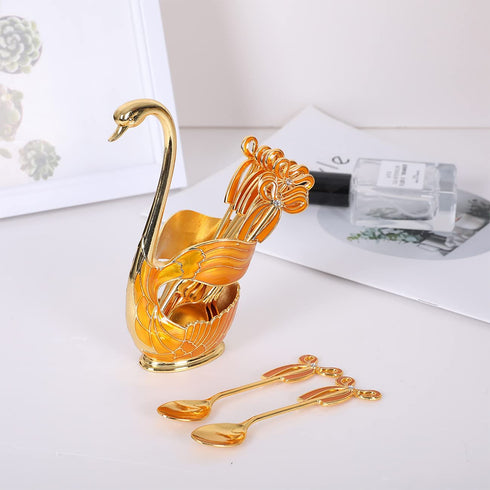 Gusnilo 11PCS Coffee Spoon Dessert Fork Dinnerware Set,Swan Base Holder with 5 Forks and 5 Spoons Metal Creative Dinnerware Set Mini Dessert Spoons Use for Dessert Shop Home Cafe(Yellow,Swan)