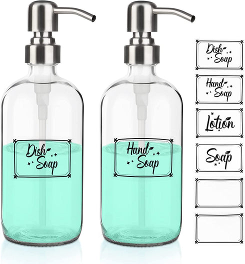 Glass Soap Dispenser 2 Pack 17oz Clear Liquid Soap Dispenser for Kitchen Bathroom Countertop Hand Dish Lotion (17oz/500ml)