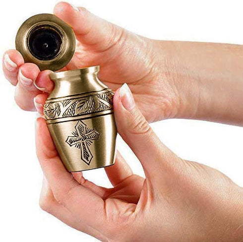 Bronze Cross Beautiful Small Mini Keepsake Urn for Human Ashes - Qnty 1 - With Velvet Bag