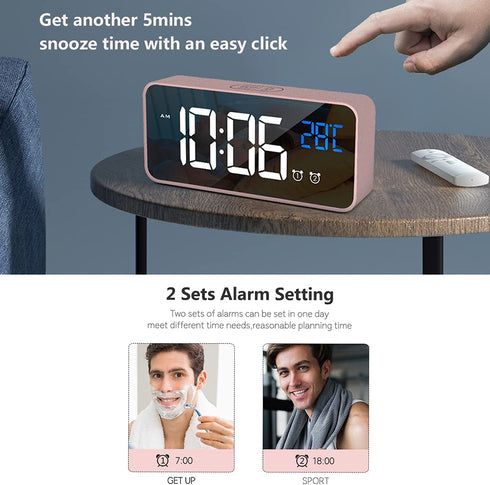 LATEC Alarm Clocks, Large LED Digital Alarm Clock with Temperature, Snooze, USB Charging and Dual Alarms Multi Ringtones for Bedroom, Bedside, Living Room, Office (Pink)