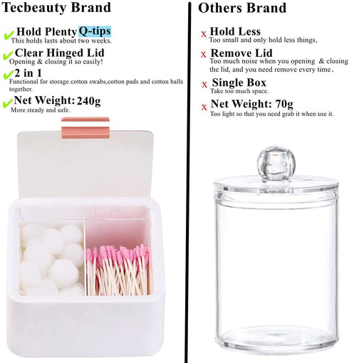 Tecbeauty 2pcs Qtips Holder - 2 Grids Separate Cotton Swabs Dispenser Bathroom Canisters with Hinged Lids for Cotton Balls, Cotton Pads, Cotton Rounds, White