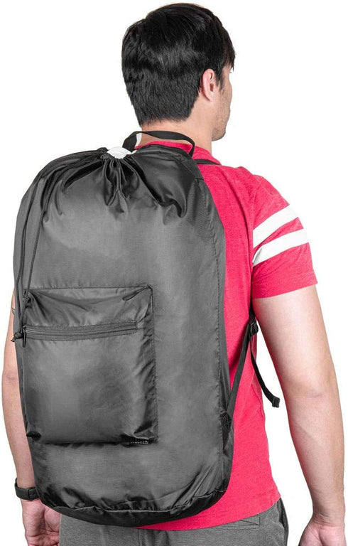 Large Laundry Bag with Adjustable Shoulder Strap - Machine Washable, Heavy Duty, Waterproof, Locking Drawstring Closure Laundry Backpack with Two Pockets for Extra Storage (Black)