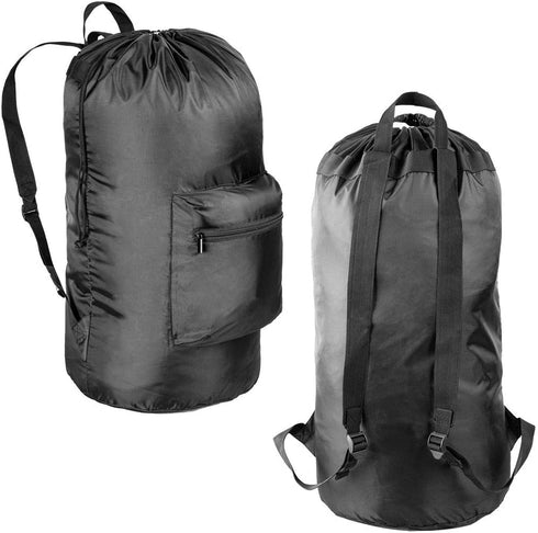 Large Laundry Bag with Adjustable Shoulder Strap - Machine Washable, Heavy Duty, Waterproof, Locking Drawstring Closure Laundry Backpack with Two Pockets for Extra Storage (Black)