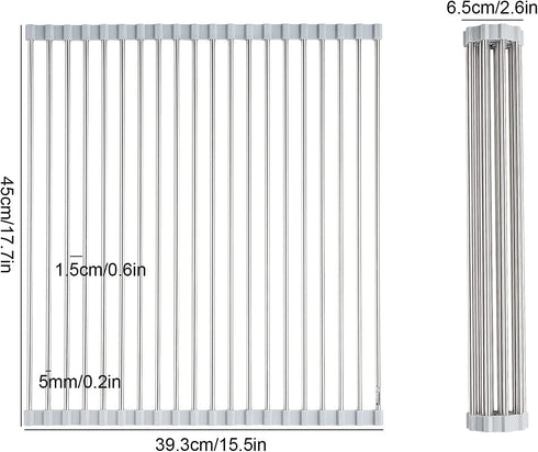 17.7" x 15.5" Large Dish Drying Rack, Attom Tech Home Roll Up Dish Racks Multipurpose Foldable Stainless Steel Over Sink Kitchen Drainer Rack for Cups Fruits Vegetables
