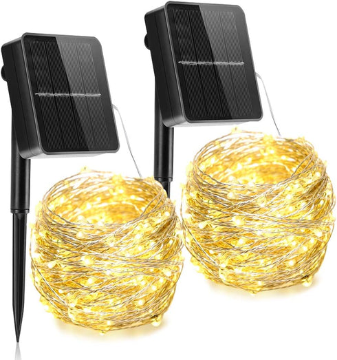 eulogize Outdoor Solar String Lights, 2-Pack Each 33 Ft Copper Wire 100 Ultra-Bright LED 8 Modes Waterproof Solar Fairy Lights for Christmas Wedding Patio Garden Party Decoration