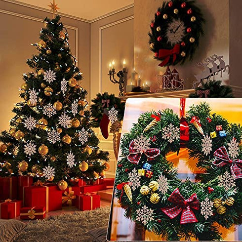 Blulu 50 Pieces Plastic Snowflake Ornaments Glitter Snowflake Christmas Tree Hanging Decorations with 50 Pieces Hooks for Winter Home Wonderland Decor Xmas Party Favors Supplies (Rose Gold)
